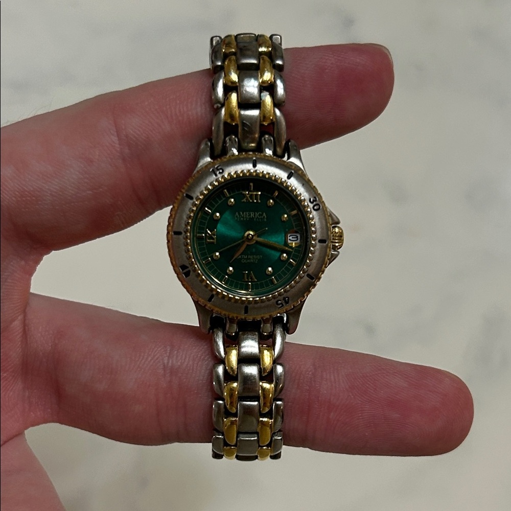 Perry Ellis Two-Tone Gold & Silver Bracelet Watch with Green Dial